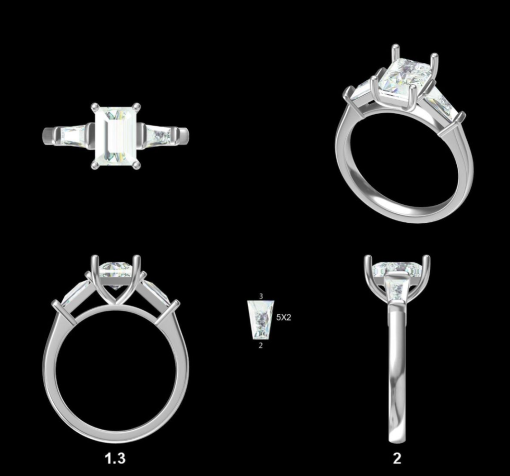 LD 2019 P and LD 2019 YG 1.50ct emerald and tapering baguettes  Emerald cut is 7.5 x 5.3mm (Mount)   
